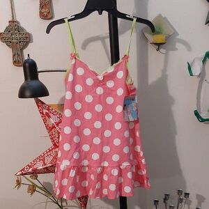 Pink And White Polka Dot Night Gown With Cute Lime Green Details